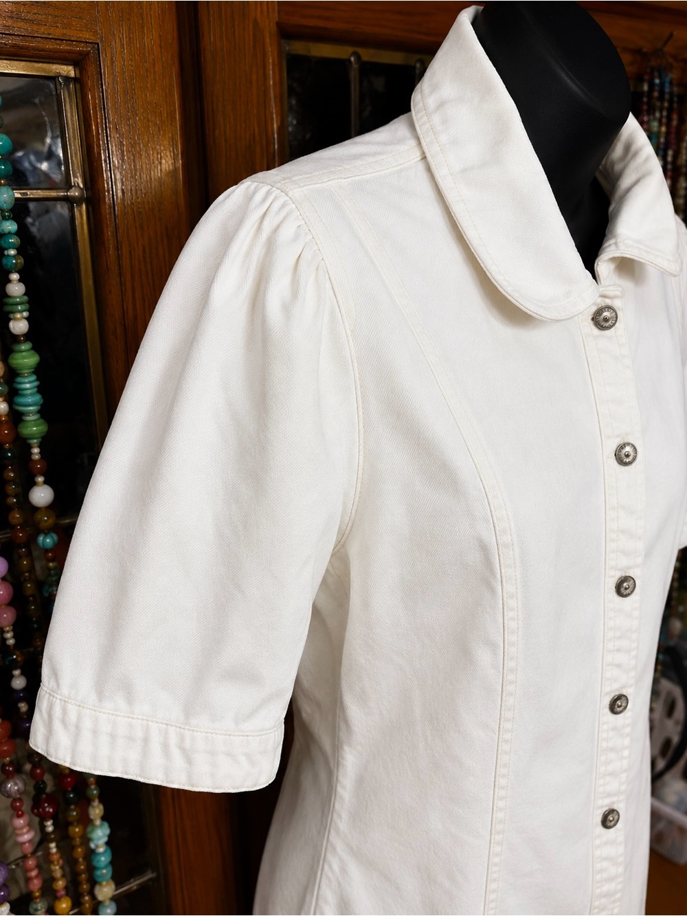 Sincerely Jules Denim Mini Dress white button-front shirt dress puff sleeves xl - Picture 4 of 9
